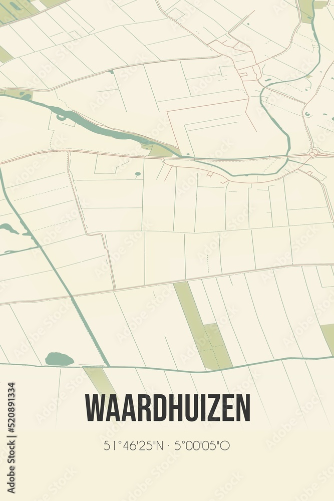 Retro Dutch city map of Waardhuizen located in Noord-Brabant. Vintage street map.