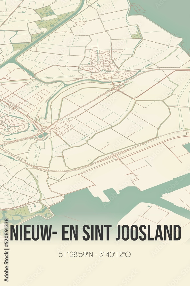 Retro Dutch city map of Nieuw- en Sint Joosland located in Zeeland. Vintage street map.