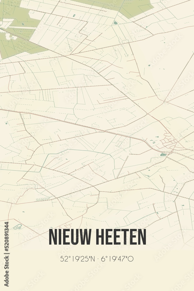 Retro Dutch city map of Nieuw Heeten located in Overijssel. Vintage street map.