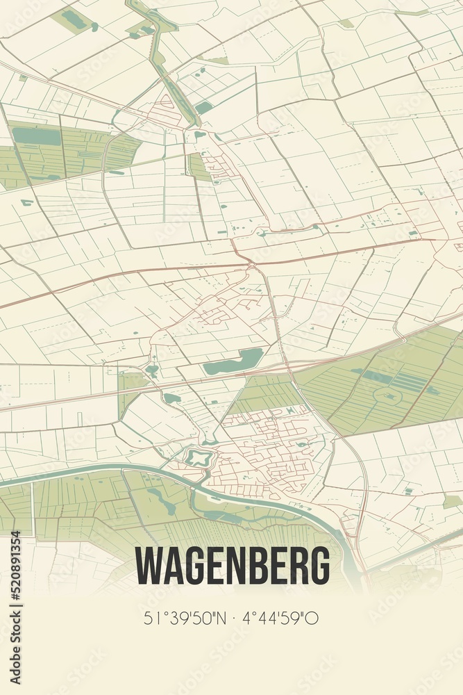 Obraz premium Retro Dutch city map of Wagenberg located in Noord-Brabant. Vintage street map.