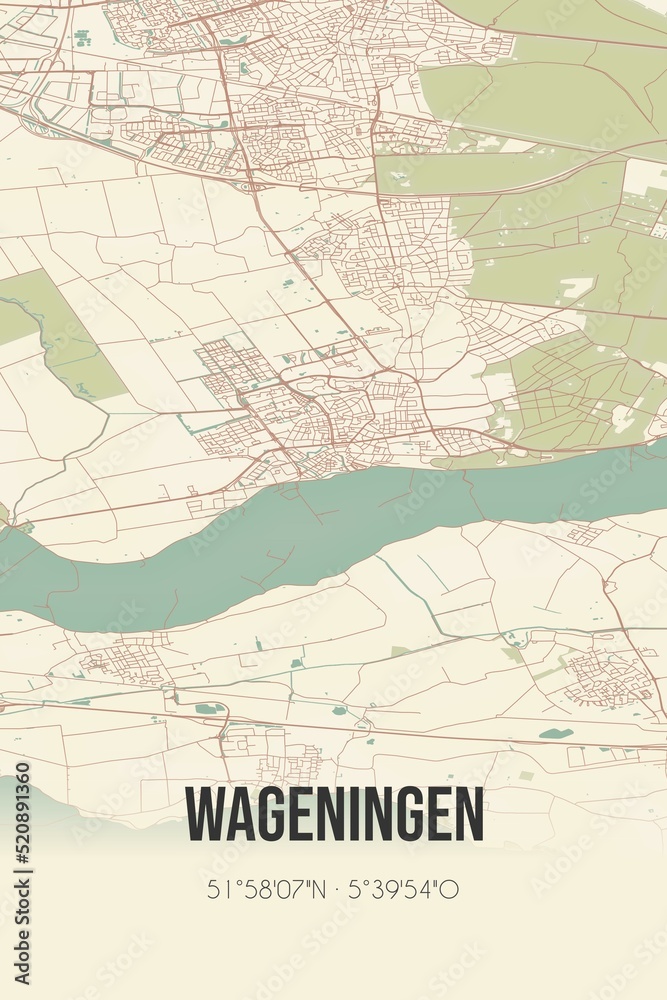 Obraz premium Retro Dutch city map of Wageningen located in Gelderland. Vintage street map.