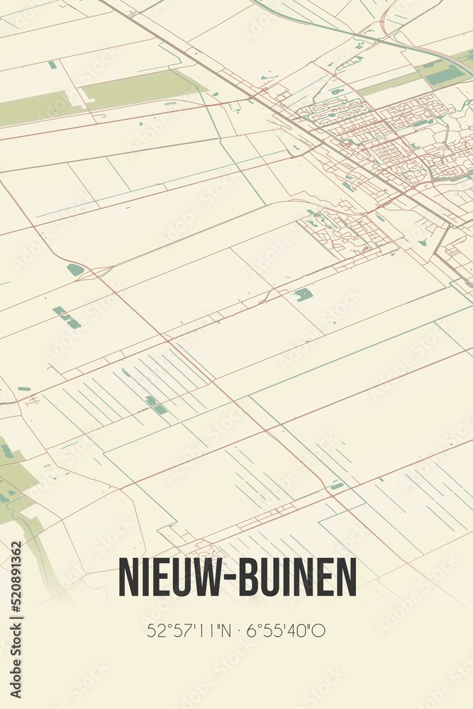 Retro Dutch city map of Nieuw-Buinen located in Drenthe. Vintage street map. Retro Dutch city map of Nieuw-Buinen located in Drenthe. Vintage street map.