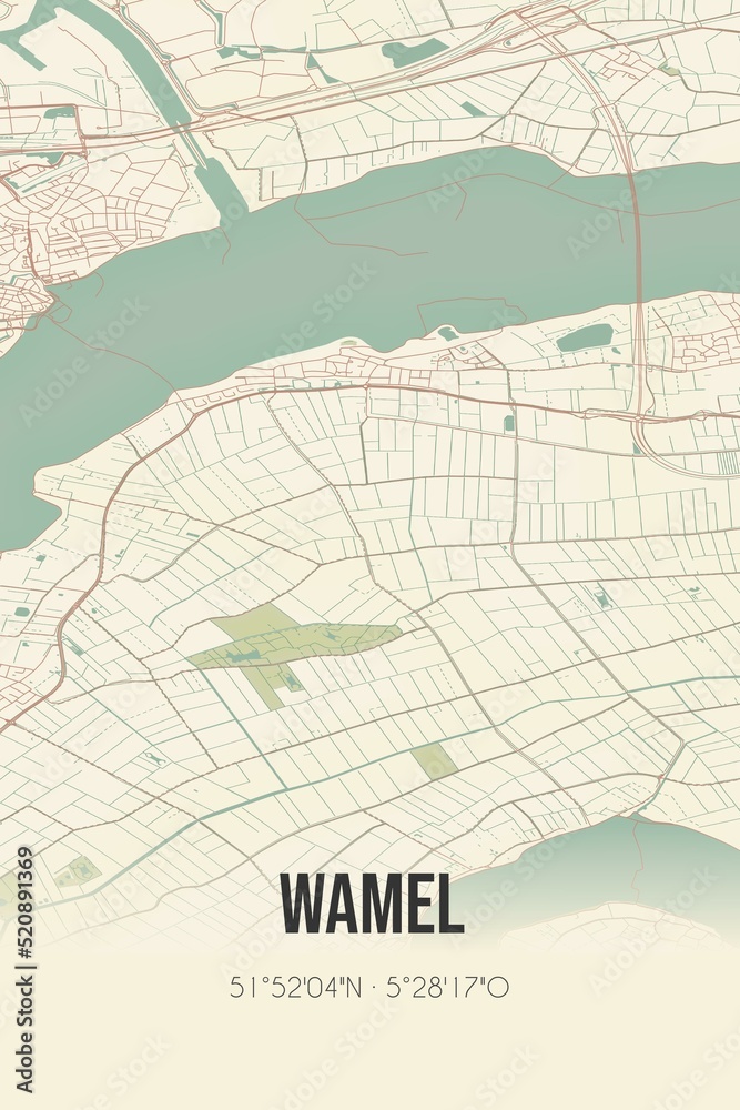 Obraz premium Retro Dutch city map of Wamel located in Gelderland. Vintage street map.