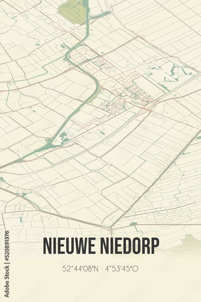 Retro Dutch city map of Nieuwe Niedorp located in Noord-Holland. Vintage street map.