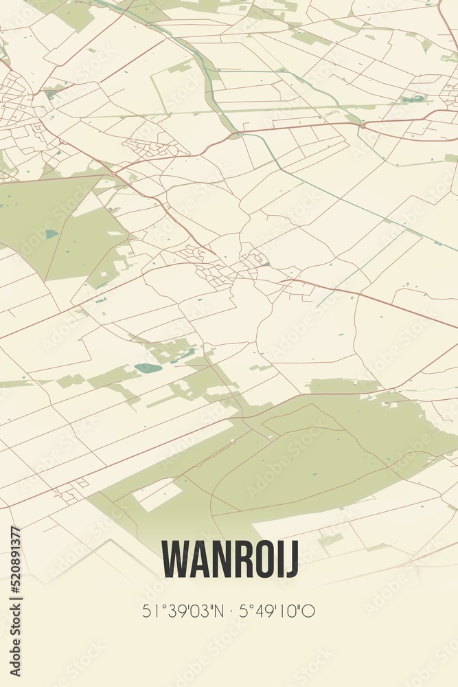 Retro Dutch city map of Wanroij located in Noord-Brabant. Vintage street map.