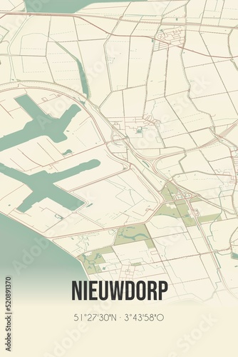 Retro Dutch city map of Nieuwdorp located in Zeeland. Vintage street map. photo
