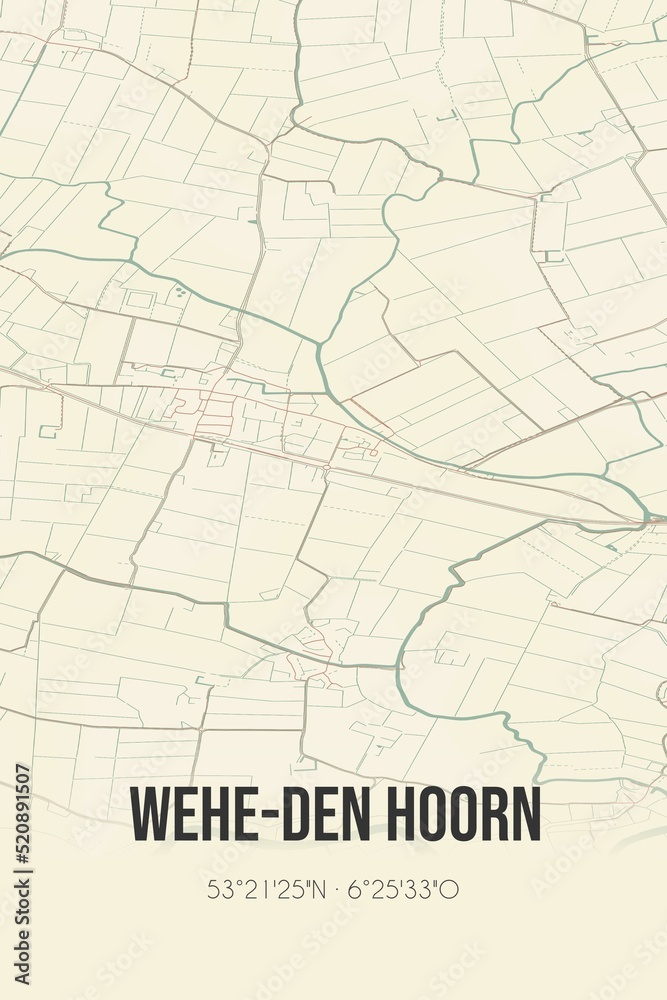 Retro Dutch city map of Wehe-den Hoorn located in Groningen. Vintage street map.