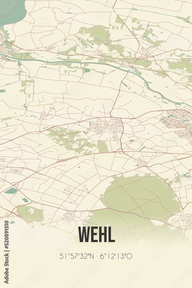 Retro Dutch city map of Wehl located in Gelderland. Vintage street map.