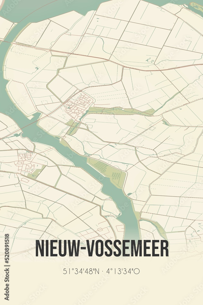 Retro Dutch city map of Nieuw-Vossemeer located in Noord-Brabant. Vintage street map. Retro Dutch city map of Nieuw-Vossemeer located in Noord-Brabant. Vintage street map.
