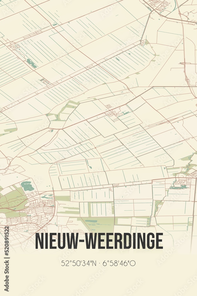 Retro Dutch city map of Nieuw-Weerdinge located in Drenthe. Vintage street map.