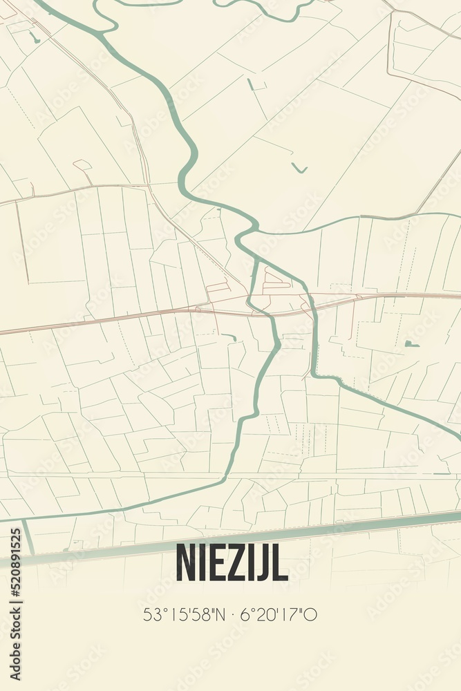 Retro Dutch city map of Niezijl located in Groningen. Vintage street map. Retro Dutch city map of Niezijl located in Groningen. Vintage street map.