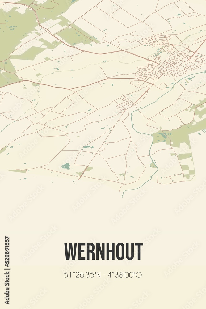 Retro Dutch city map of Wernhout located in Noord-Brabant. Vintage street map.