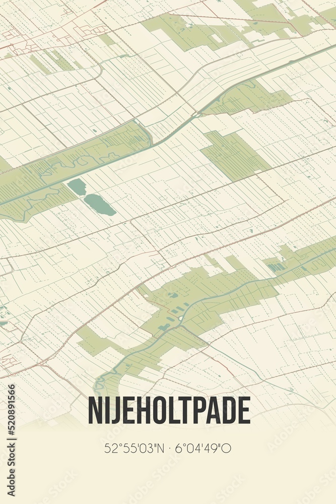 Retro Dutch city map of Nijeholtpade located in Fryslan. Vintage street map.