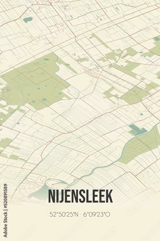 Retro Dutch city map of Nijensleek located in Drenthe. Vintage street map.