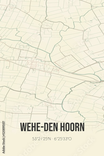 Retro Dutch city map of Wehe-den Hoorn located in Groningen. Vintage street map.