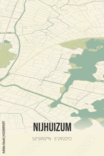 Retro Dutch city map of Nijhuizum located in Fryslan. Vintage street map. photo