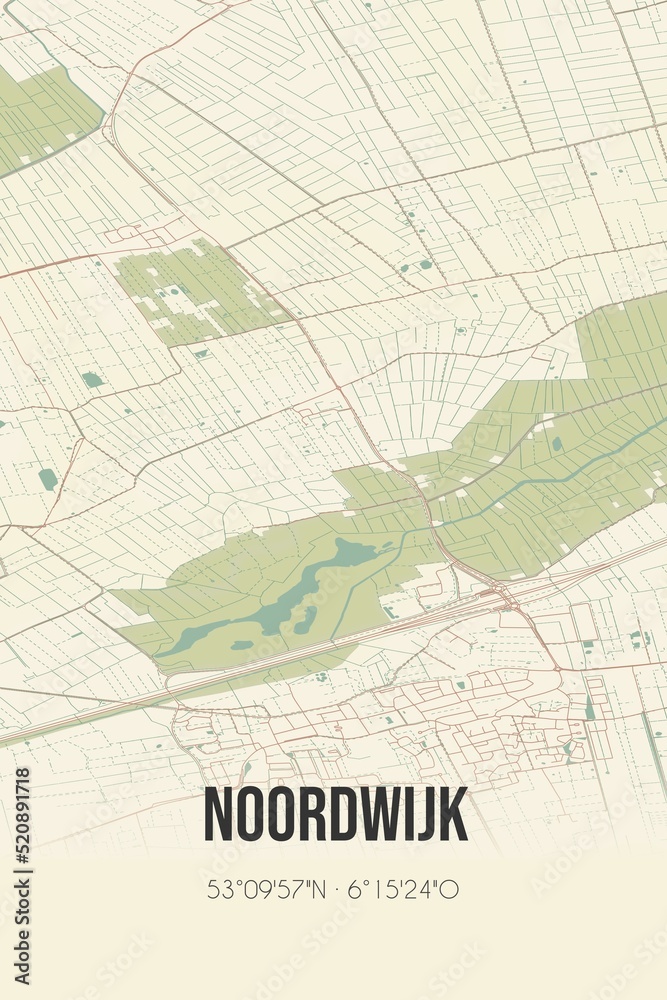 Retro Dutch city map of Noordwijk located in Groningen. Vintage street map.