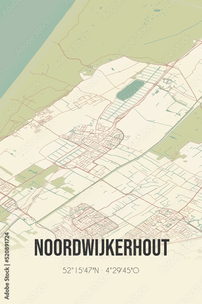 Obraz premium Retro Dutch city map of Noordwijkerhout located in Zuid-Holland. Vintage street map.