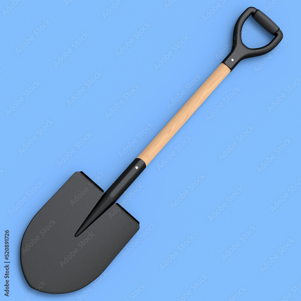 Garden shovel with wooden handle on blue background, summer camping concept Garden shovel with wooden handle on blue background, summer camping concept