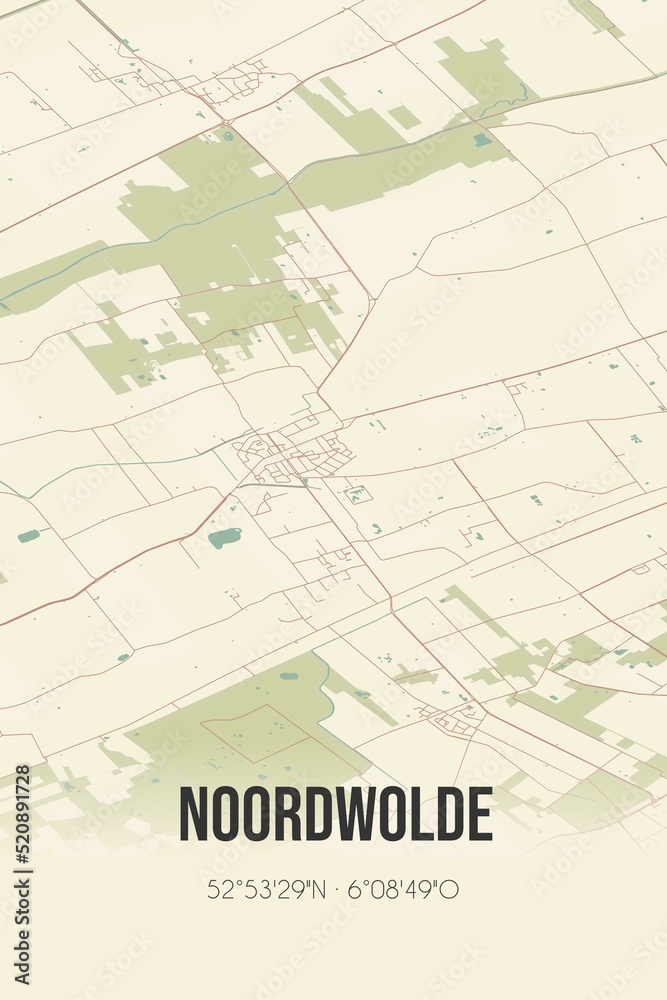Retro Dutch city map of Noordwolde located in Fryslan. Vintage street map.
