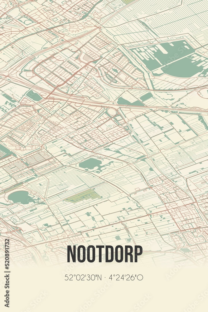 Retro Dutch city map of Nootdorp located in Zuid-Holland. Vintage street map.