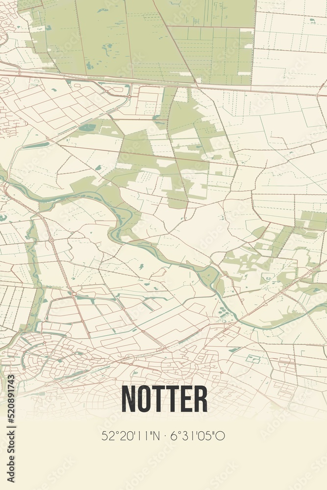 Retro Dutch city map of Notter located in Overijssel. Vintage street map.