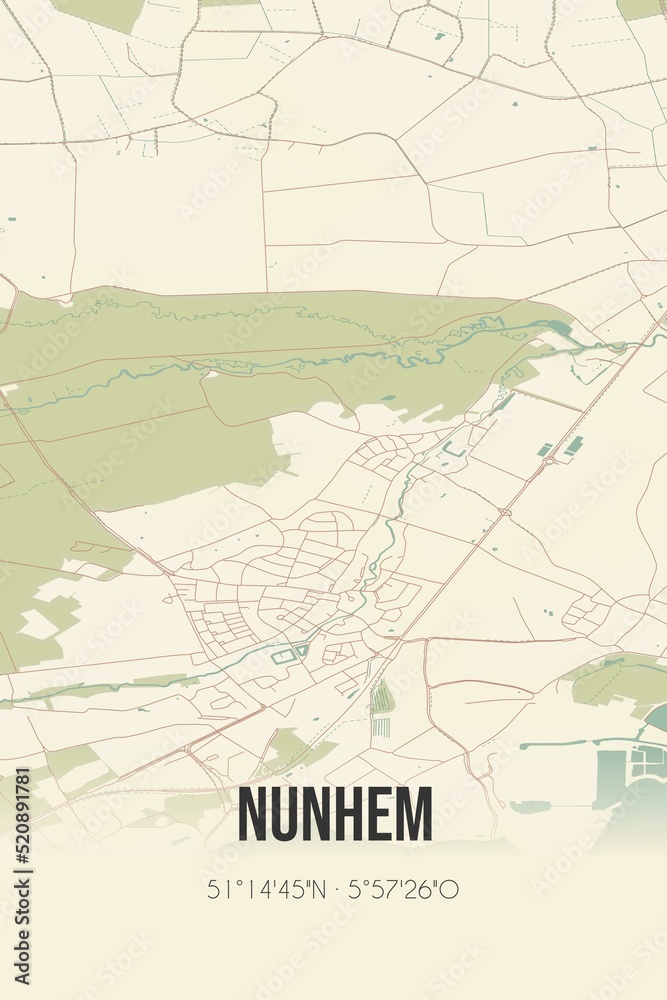 Retro Dutch city map of Nunhem located in Limburg. Vintage street map.