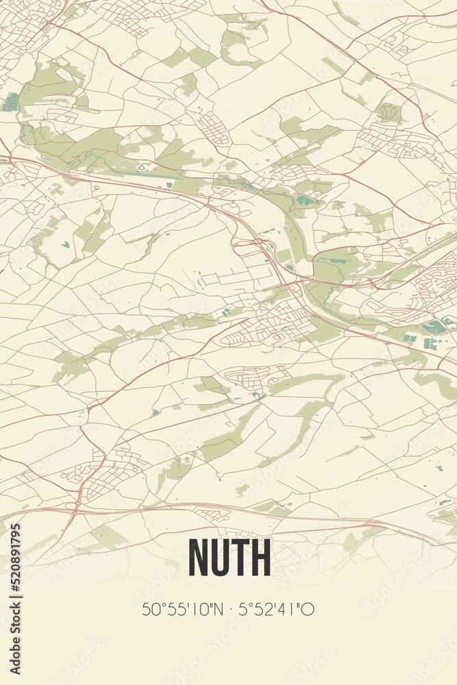 Retro Dutch city map of Nuth located in Limburg. Vintage street map.
