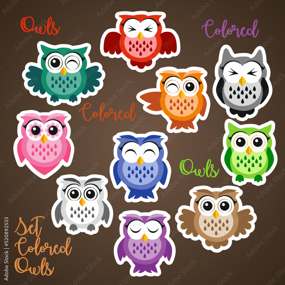 A set of bright colorful cute owls on a dark background, a funny bird face with a winking eye, bright colors. Vector, pattern A set of bright colorful cute owls on a dark background, a funny bird face with a winking eye, bright colors. Vector, pattern