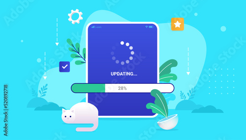 Load bar and loading wheel on tablet device while waiting for system and software update. Vector illustration