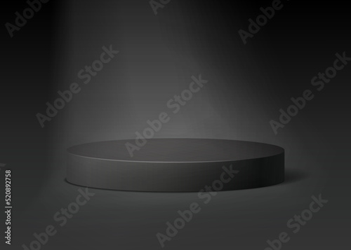 Podium platform for product presentation. Black realistic 3d vector podium with spotlight on black background. Stand to show cosmetic products.