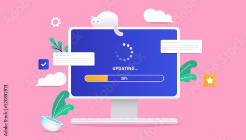 Loading wheel and load bar on computer screen while updating software. Vector illustration