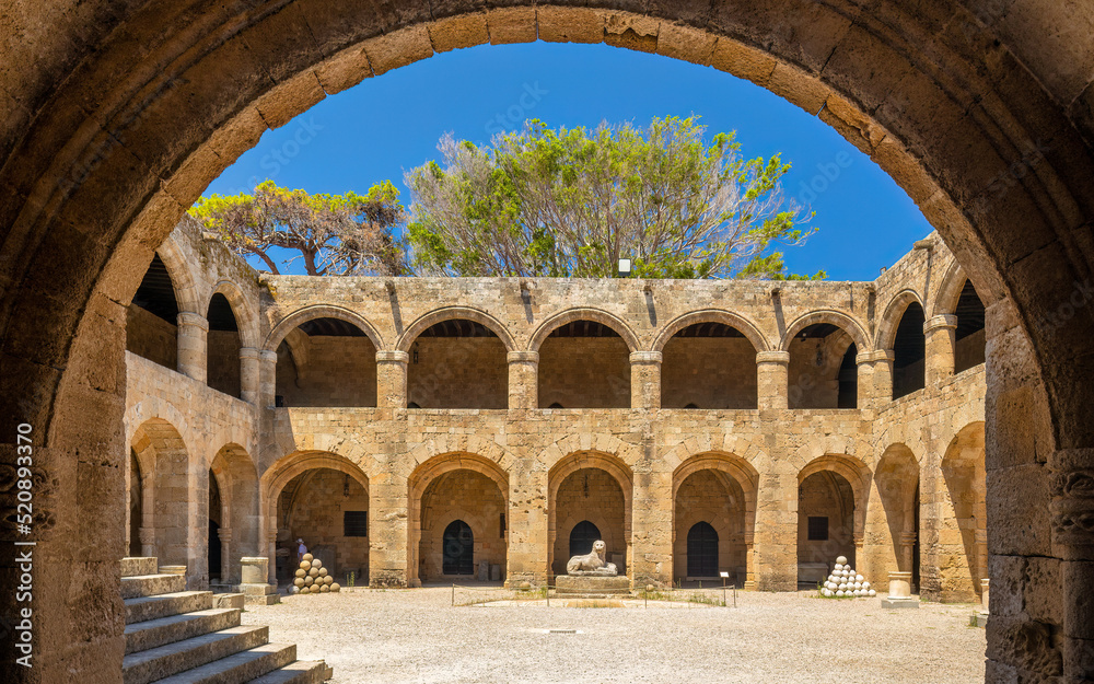 Inner courtyard of the Archaeological Museum of Rhodes town, Greece, Europe.
