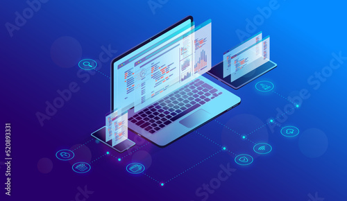 Software development - Computer screen in isometric view with programming language and code. Vector illustration with blue background