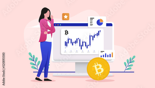 Woman Bitcoin investor - Female person analysing and looking at crypto currency chart. Flat design vector illustration