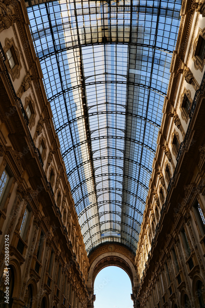 The roof of Galleria Vittorio Emanuele in Milan, Italy. 19th-century building roof construction. Historical Italian building. Traditional steelwork roof. 
