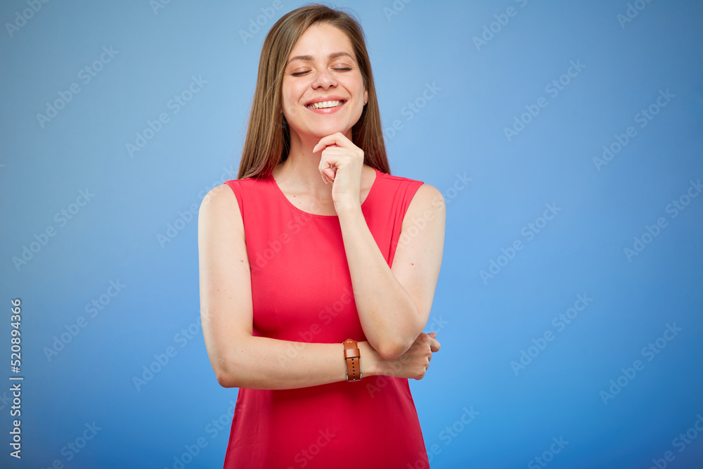 Young thinking smiling lady in red dress with eyes closed, isolated portrait Young thinking smiling lady in red dress with eyes closed, isolated portrait