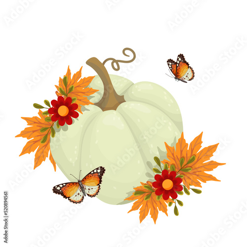 White pumpkin with maple leaves, autumn flowers and butterflies. Cartoon vector graphics.