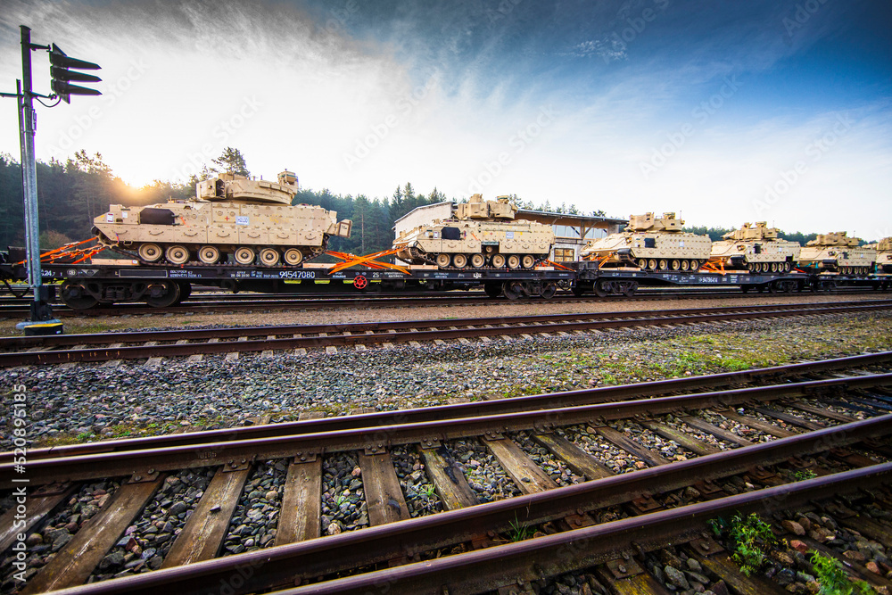 Naklejka premium Pabrade/Lithuania October 21, 2019 US Army's 1st Armoured Battalion of the 9th Regiment, 1st Division from Fort Hood in Texas Bradley is unloaded as they arrive at the Pabrade railway station.