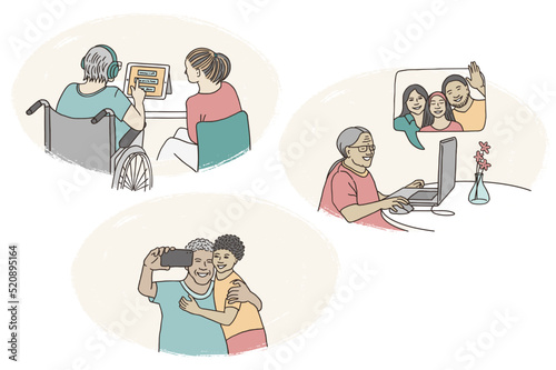 Hand drawn illustrations of elderly people connecting through technical devices like tablets, smart phone and laptops