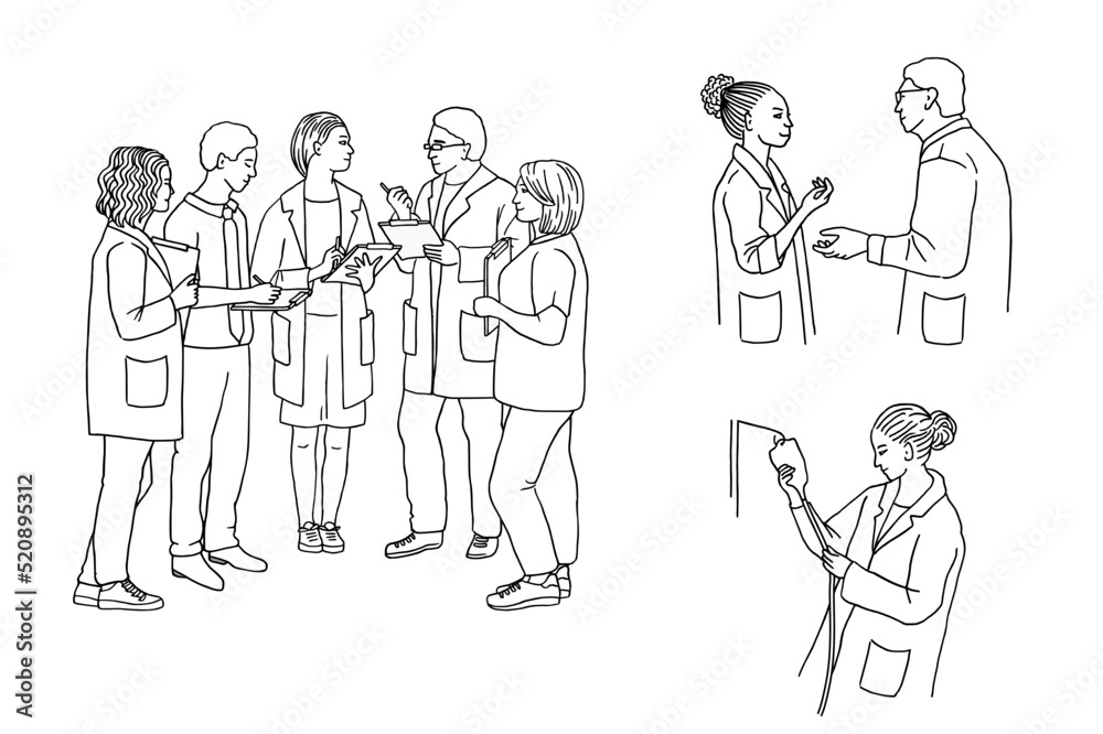 Hand drawn illustration of a group of medical staff talking to each other