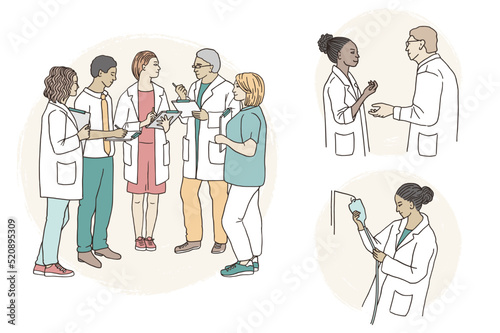 Hand drawn illustration of a group of medical staff talking to each other
