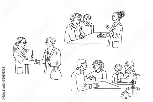 Set of hand drawn illustrations of patients talking to their doctor
