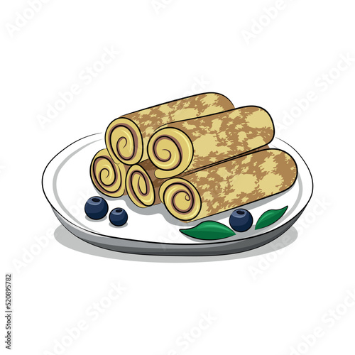 A dish of national Ukrainian cuisine, nalysnyky, pancakes with curd filling on a white plate, flat vector, isolate on white