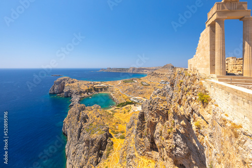 View from the Acropolis of Lindos to the coast of Rhodes island, Greece, Europe.