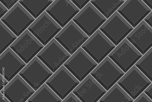 Black square tile diagonal texture. Kitchen backsplash seamless pattern. Bathroom or toilet ceramic wall or floor background. Interior or exterior mosaic surface. Vector flat illustration