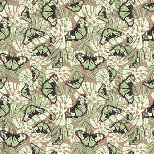 Seamless botanical vector pattern with butterflies and monstera leaves on a brown background 