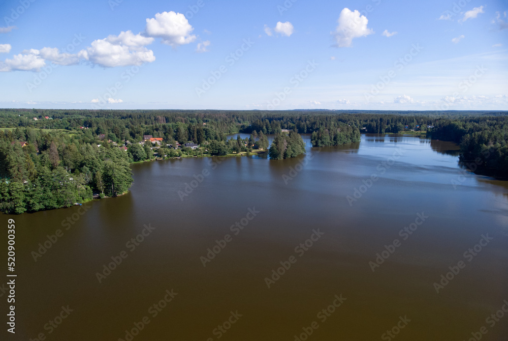 Fototapeta premium Lakes of the Karelian isthmus aerial view. Leningrad region in summer. Peat lakes in a green forest.