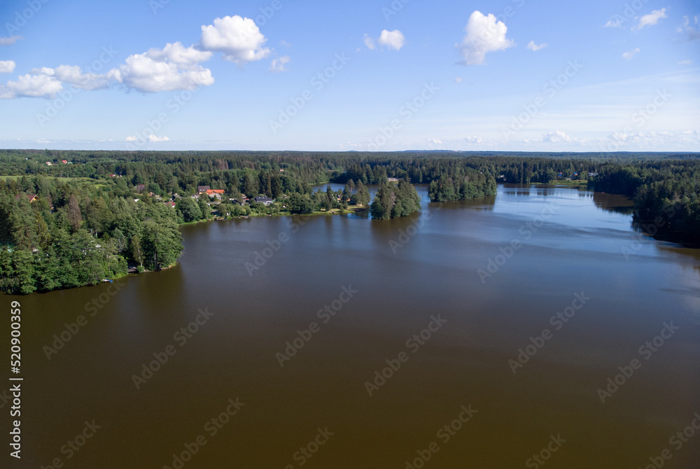 Lakes of the Karelian isthmus aerial view. Leningrad region in summer. Peat lakes in a green forest.