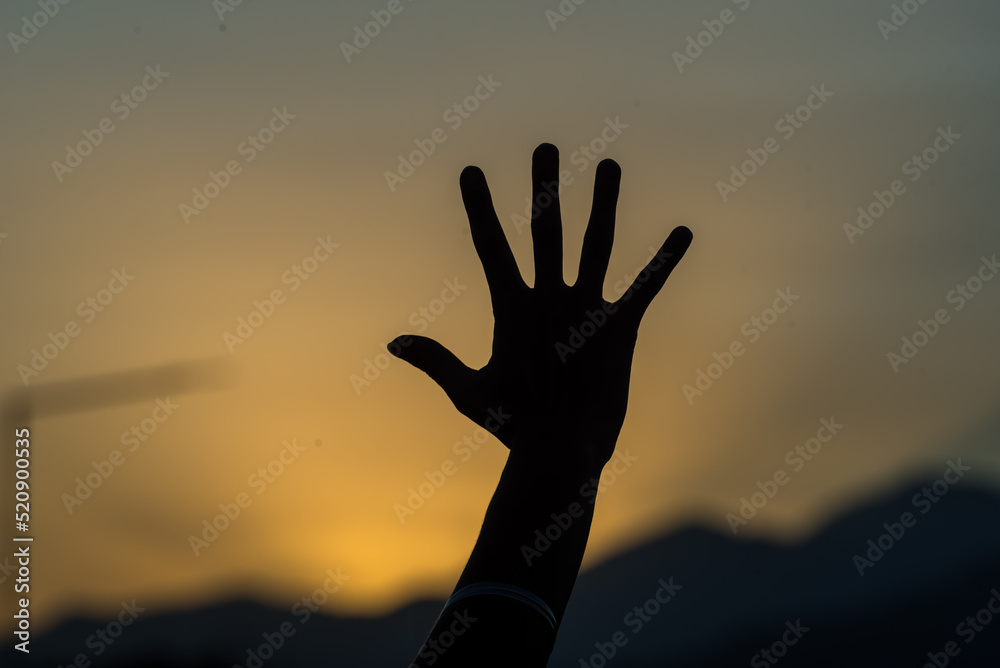 person making silhouettes with his hands in the darkness of a sunset